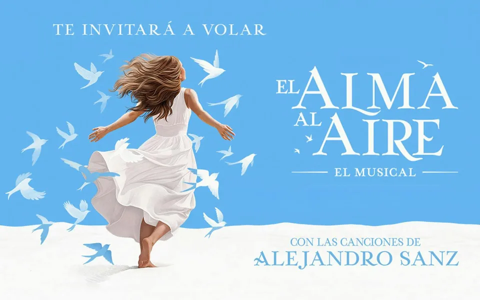 El Alma al Aire musical artwork with a woman in a white dress against a blue sky