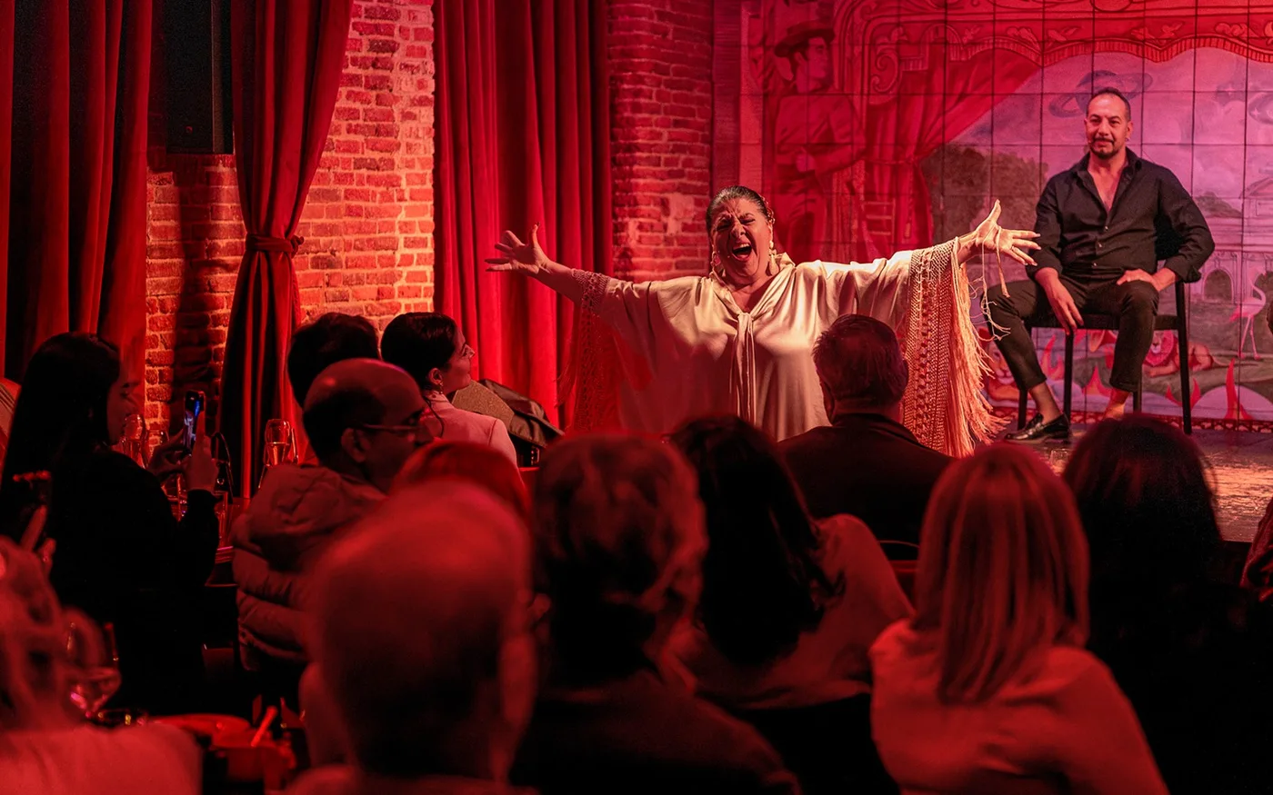 The audience facing a red-lit Flamenco de Leones stage