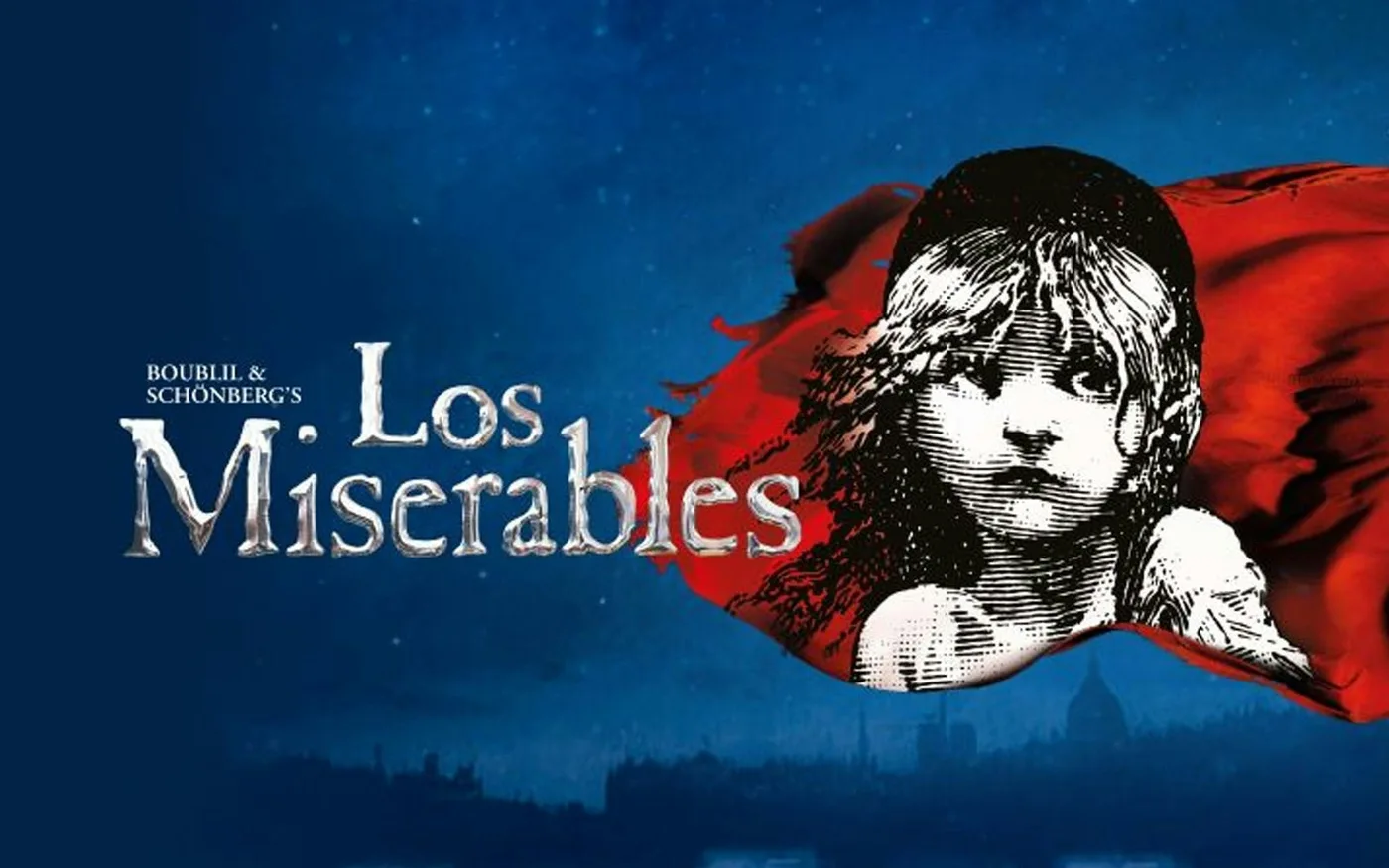 Los Miserables Madrid promotional artwork with a red flag and a child’s face
