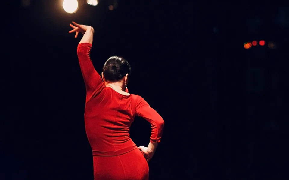 Eine Flamenco‑Tänzerin in einem roten Kleid, die einen Arm hebt